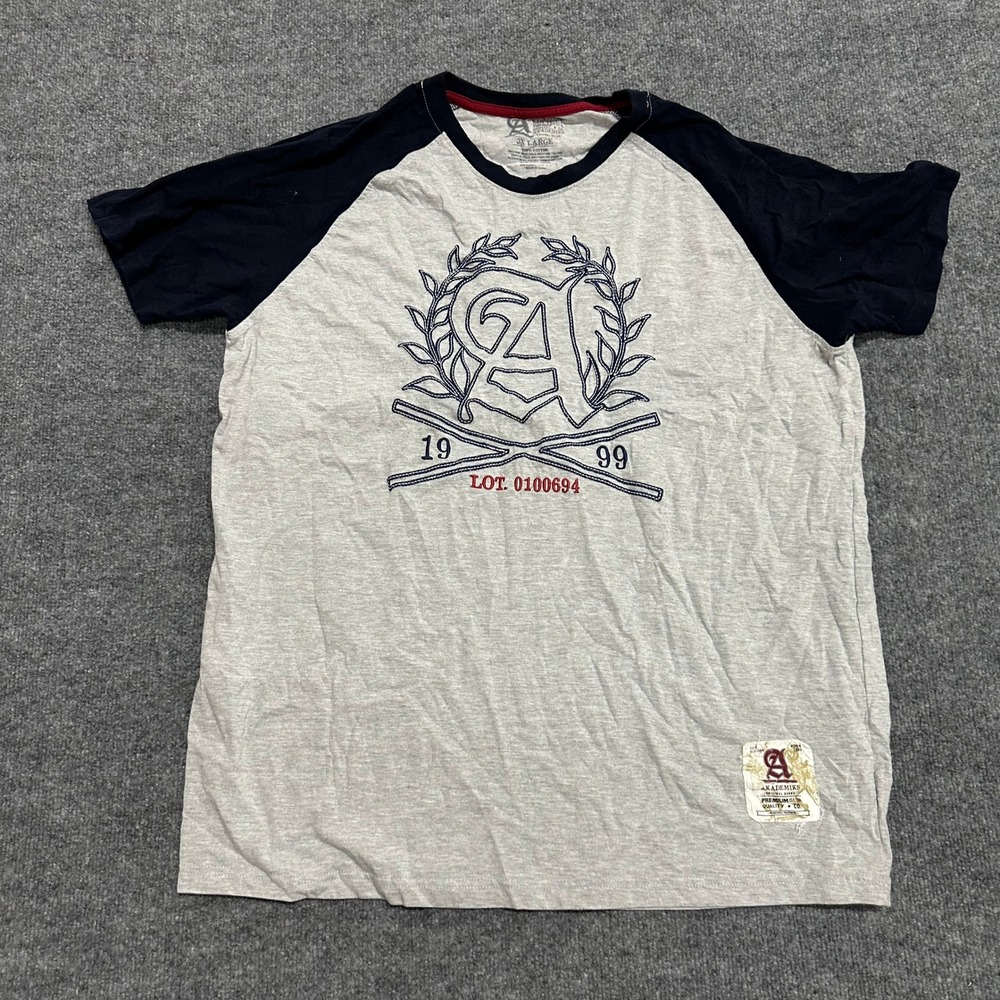 Akademiks T-Shirt Mens Size 3XL Grey Navy Blue Raglan Graphic Cotton Streetwear